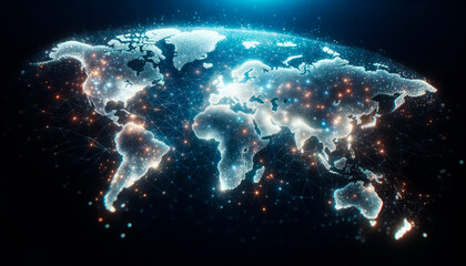 Poster - Digital world map with glowing contours and binary data stream. Technology and globalization concept. Generative AI