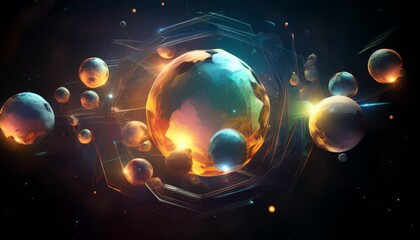 Wall Mural - planets surrounded by glowing lines and geometric shapes in space. abstract background and wallpaper