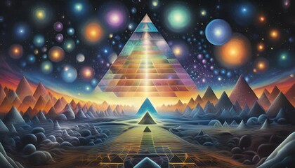Wall Mural - a cosmic landscape with numerous shimmering stars, pyramids, and planets. abstract background and wa