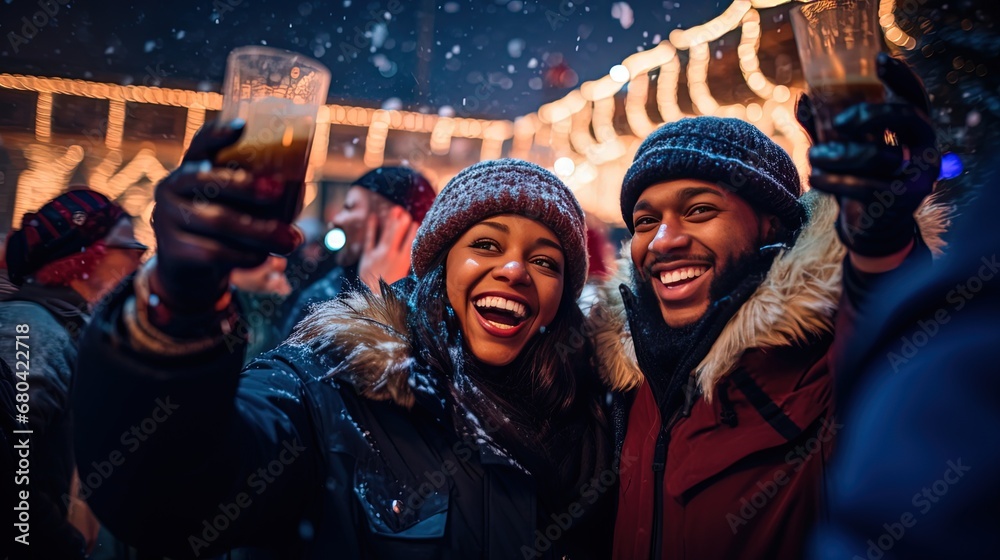 happy African American couple woman and man cheer up glass of hot ...