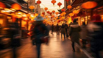 Long exposure shot of crowds walking on bright New Year streets, Chinatown, fast movement, blur, Chinese paper lanterns, lanterns