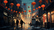 Chinese New Year illustration, crowd walking on bright New Year streets, Chinatown, Chinese paper lanterns, lanterns