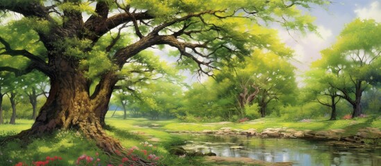 Canvas Print - heart of summer, amidst the vibrant colors of nature, a majestic tree towers above the lush green grass, embellishing the landscape with its captivating beauty. The murmuring water flows playfully