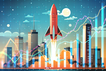 Aufkleber - Startup launch, rocket on bullish stock chart over city, Generative AI