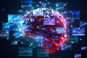 Aufkleber - Digital brain with floating market analysis screens. Generative AI
