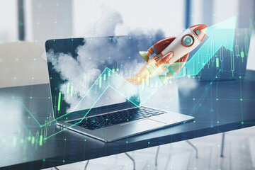 Aufkleber - Laptop displaying rocket launch with stock market graph. Generative AI