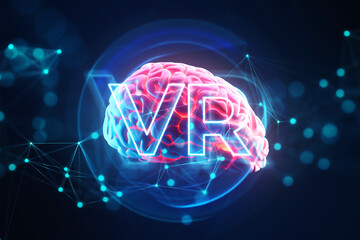 Poster - Bright brain hologram with VR virtual reality text, network connections, Generative AI