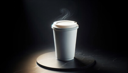 Poster - Paper coffee cup mockup on a circular platform, sleek design in a dark setting. Generative AI