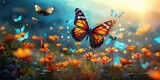 Fototapeta  - Background valley of flower garden with colorful butterflies