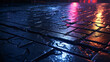 Close up view of rain-slicked city pavement, capturing the reflection of neon lights at night and the detailed texture of wet stone