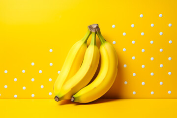 Wall Mural - Bunch of ripe bananas on decorative yellow polka dots background. Tropical sunny fruit background. Healthy food. Vegan or vegetarian diet. Concept of Harvest and Selling fruits