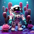 Cute cactus with astronaut suit floating in space colors turquoise violet and Pink
