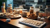 Fototapeta  - Pharmaceutical research laboratory with advanced equipment and dried mushrooms. Scientists study natural compounds in shrooms for potential medicinal use in prescription drugs.