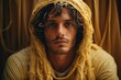 Serious man. Somber. Noodles. Meme. Lie. Face expression. Emotions. Poker face. Serenity. Spaghetti. Hoodie. Yellow. Closeup of a loser. Average tv viewer, audience. Curly hair. Deceit. Irony