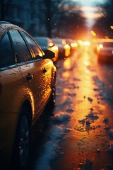 Wall Mural - Dynamic shot of a car maneuvering in winter city traffic after snow by Generative AI