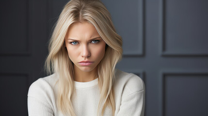 Wall Mural - Portrait of a sad blond young woman. Copy space. Depression, loneliness, mental disturbance, problems.