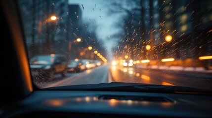 Wall Mural - Dynamic shot - a view from the inside of a car maneuvering in winter city traffic after snow by Generative AI