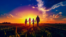 Group Of People Holding Hands Walking Across Field With The Sun Setting In The Background.