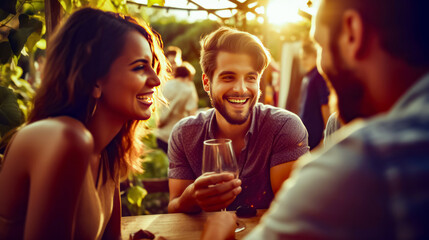 Wall Mural - Group of people sitting at table with wine glasses in their hands.