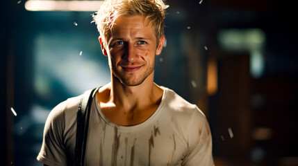 Wall Mural - Man with blonde hair and white t - shirt smiles at the camera.