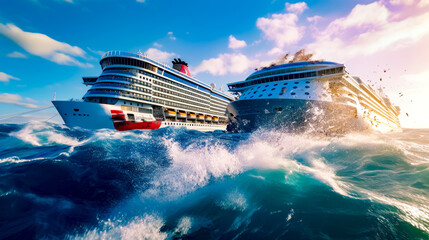 Two cruise ships in the middle of the ocean with wave in front of them.