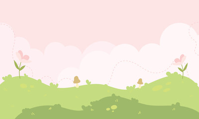 Kawaii Cute Cartoon Landscape Background with grass, flowers and sky