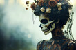 Skeletal woman with wreath of flowers