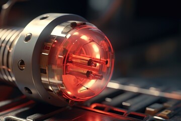 Poster - A picture of a red light sitting on top of a keyboard. This image can be used to represent technology, computer accessories, or a warning sign.