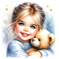 Poster - Portrait of cute little girl with blue eyes hugging teddy bear toy