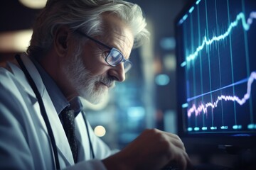 Poster - A man wearing a lab coat is seen working diligently on a computer. This image can be used to depict a scientist or researcher working in a laboratory or office setting