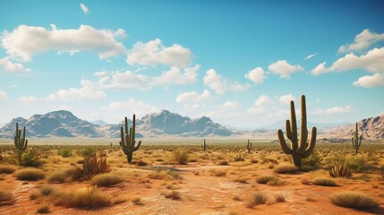desert landscape photo with cactus, with sunny weather background. generative ai