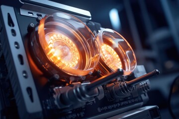 Poster - a detailed view of the illuminated lights on a machine. this image can be used to represent technolo