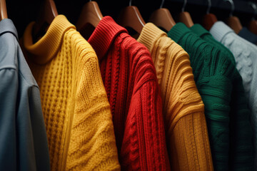 Wall Mural - A row of sweaters hanging on a rack. Perfect for showcasing clothing options or displaying retail merchandise