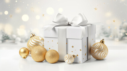 Wall Mural - Winter holiday background in white tones, highlighting a white gift box adorned with a silver bow. Gold Christmas balls and snowflakes surround a graphic frame for text. Side view with copy space.