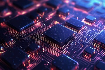 A close up view of a computer circuit board. This image can be used to illustrate technology, electronics, or computer hardware concepts.