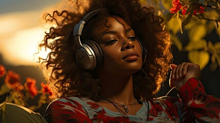 Black woman enjoying music in sunset light.