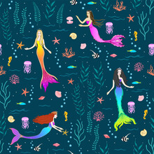 Mermaid Princess Seamless Pattern. Fairy Folks Underwater Background. Sea Animals Print. Marine Theme. Good For Fashion Design, Textile, Wallpaper, Fabric, Illustration, Bedding.