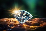Fototapeta  - A close up view of a sparkling diamond resting on top of a rough rock. This image can be used to depict precious gemstones, luxury, beauty, or the contrast between the natural and the refined.