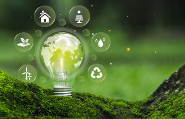 Wall Mural - Renewable Energy or green Energy concept. Light bulb with energy sources icons for renewable sustainable development, clean energy in nature, environmental friendly and environmental. ESG. SDGs