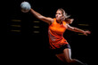 Agile handball player mid-air throw, intense sports match, athleticism
