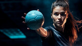 Focused female athlete in action, dynamic handball game moment, competitive sports

