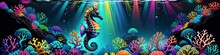 Abstract Banner In The Style Of Children's Illustration Seahorse At The Bottom Of The Sea, Background For Your Design