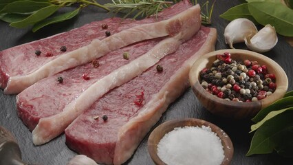 Sticker - Three sliced pieces of picanha beef with spices and herbs on a gray stone countertop slowly rotate in the frame. Traditional Portuguese food.