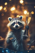 Cute funny raccoon with a glass of champagne celebrating the new year. Cozy Christmas lights in the background. Holiday, festive atmosphere