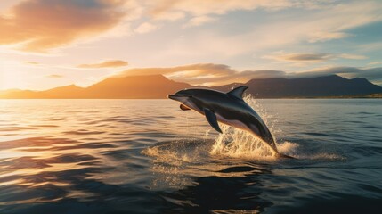 Wall Mural - Dolphins Jumping from the Water in the Middle of the Sea Animal Photography