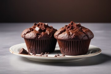 Poster - Chocolate muffin on a white plate on a dark background