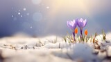 Fototapeta  - macro tilt-shift, first signs of spring, a purple crocus grows from a snow covered field, copy space, 16:9