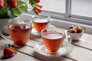 Wall Mural - Cups of tea on a wooden table. Selective focus