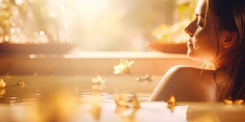 Young woman relaxing in bathtub with flower petals in sunlight. - generative ai