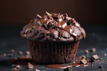 Wall Mural - Chocolate muffin on a white plate on a dark background